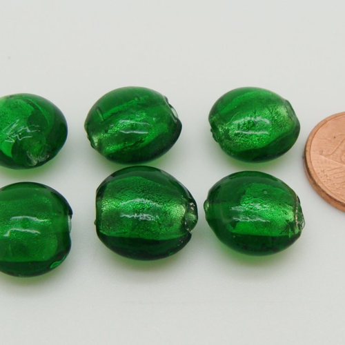 6 perles galets 12mm vert emeraude verre façon murano feuille argentée diy création bijoux