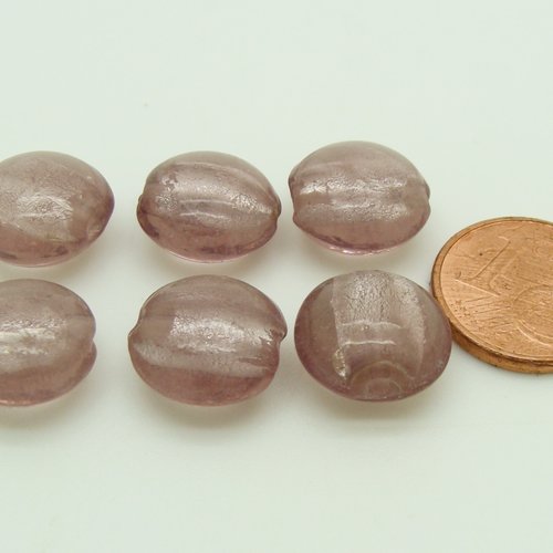 6 perles galets 12mm violet clair verre façon murano feuille argentée diy création bijoux