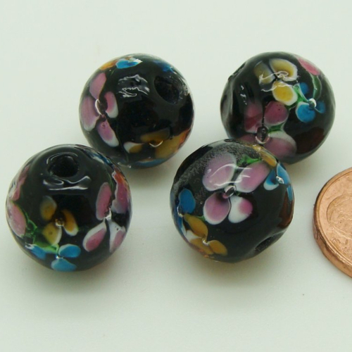 4 perles noires rondes 12mm fleurs multicolores en verre lampwork