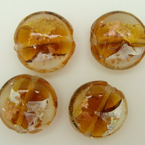 4 perles galet 20x10mm verre feuille métal argente doré marron