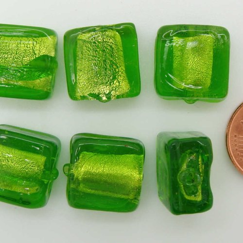6 perles carrées 12mm vert olive verre façon murano feuille argentée