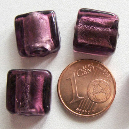 6 perles carrées 12mm violet verre façon murano feuille argentée