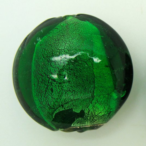 1 perle galet 28mm vert emeraude rond plat verre façon murano feuille argentée
