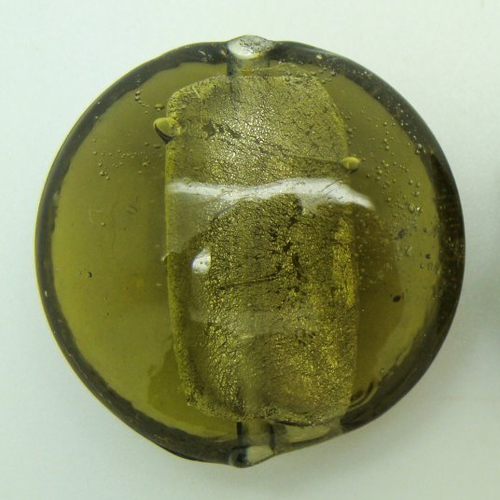 1 perle galet 28mm vert kaki rond plat verre façon murano feuille argentée