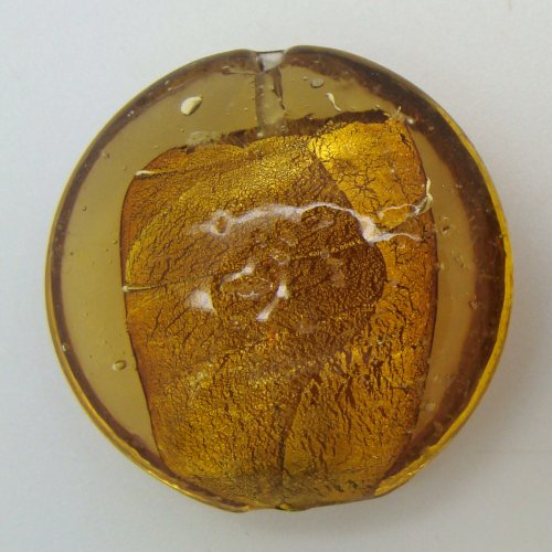 1 perle galet 28mm marron doré rond plat verre façon murano feuille argentée