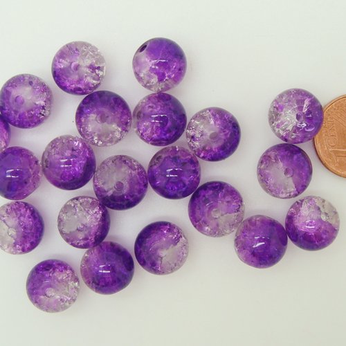 20 perles verre craquele 10mm bicolore violet transparent création bijoux
