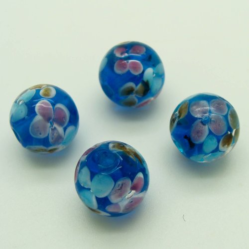 4 perles bleues rondes 12mm fleurs multicolores en verre lampwork