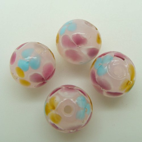 4 perles roses rondes 12mm fleurs multicolores en verre lampwork