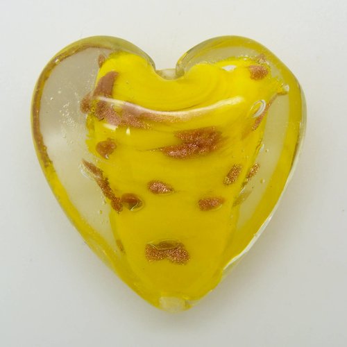 1 perle coeur 35 mm verre lampwork jaune touches dorées