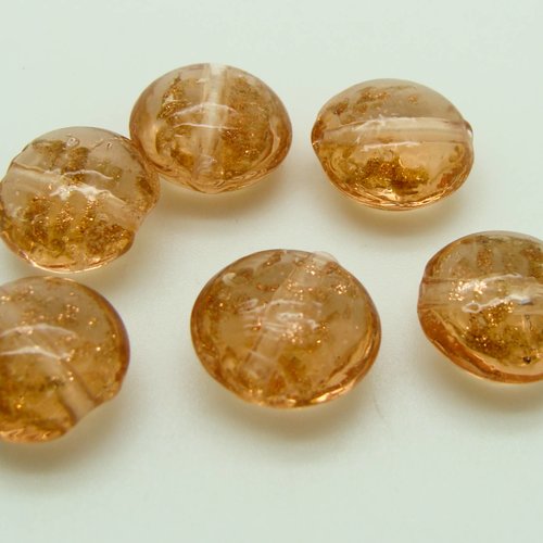6 perles marron verre lampwork galets12mm touches dorées