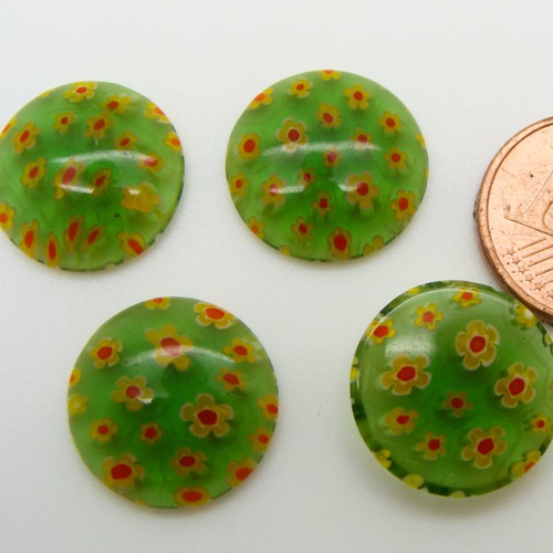 4 cabochons 15mm verre millefiori vert  motifs fleurs