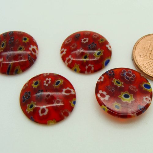 4 cabochons 15mm verre millefiori rouge motifs fleurs