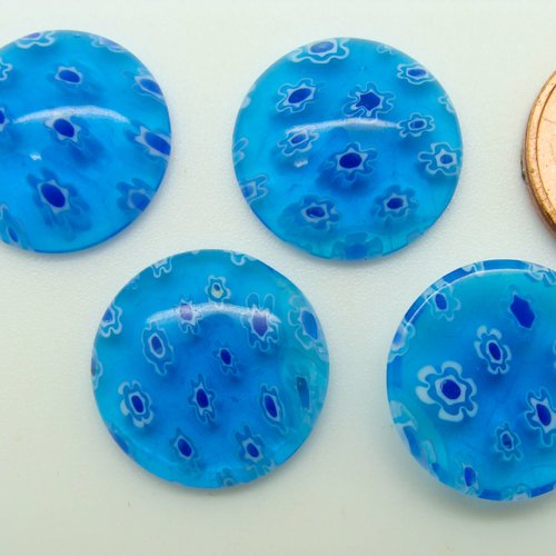 4 cabochons 15mm verre millefiori bleu motifs fleurs bleues