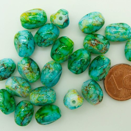 20 perles verre peint ovales 11mm bleu vert création bijoux
