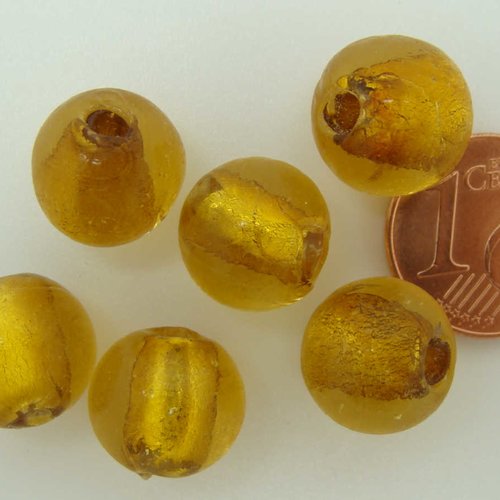 6 perles rondes 12mm marron doré verre façon murano feuille argentée