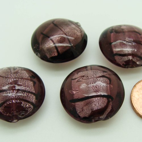 4 perles galets 20mm violet stries noires verre façon murano feuille argentée diy création bijoux