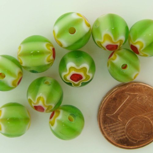 10 perles vert fleur jaune  rouge rondes 8mm verre style millefiori diy création bijoux