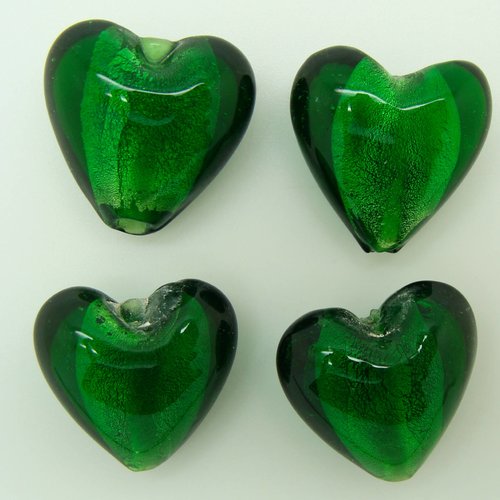 4 perles coeurs 20mm vert émeraude verre façon murano feuille argentée diy création bijoux