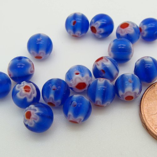 20 perles bleu foncé fleur rouge rondes 6mm verre style millefiori diy création bijoux