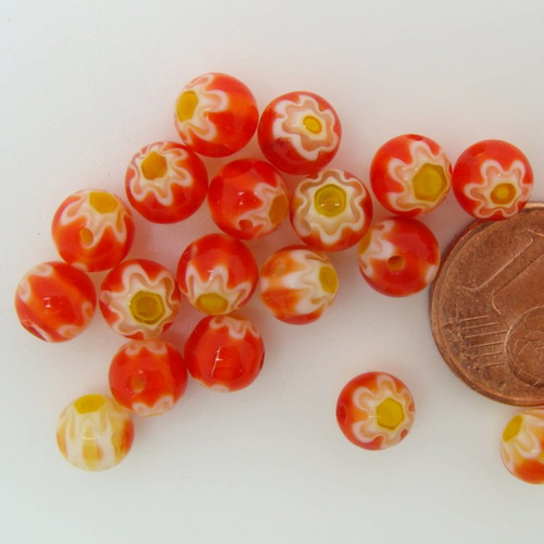 20 perles orange fleur jaune rondes 6mm verre style millefiori diy création bijoux