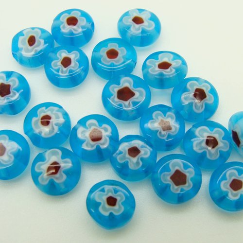 20 perles bleu fleur rouge disque 8mm verre style millefiori diy création bijoux