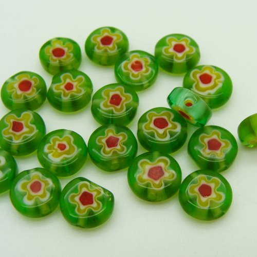 20 perles vert fleur rouge disque 8mm verre style millefiori diy création bijoux