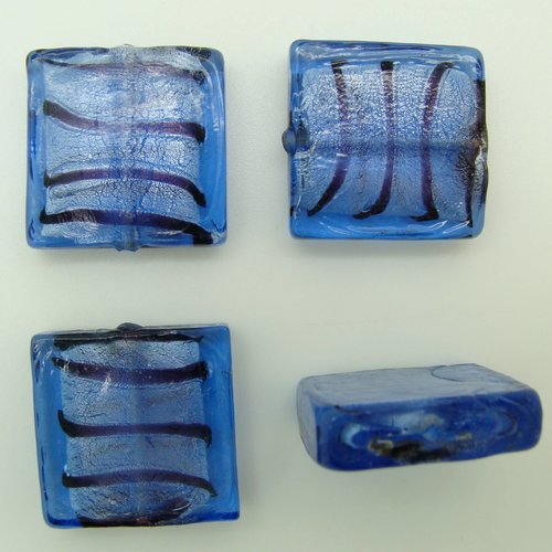 6 perles carrées 20mm bleu foncé strié verre façon murano feuille argentée diy création bijoux