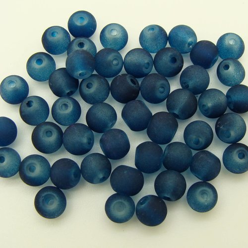 50 perles bleu canard rondes 6mm verre simple aspect givre dépoli