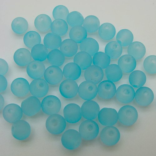 50 perles bleu clair rondes 6mm verre simple aspect givre dépoli