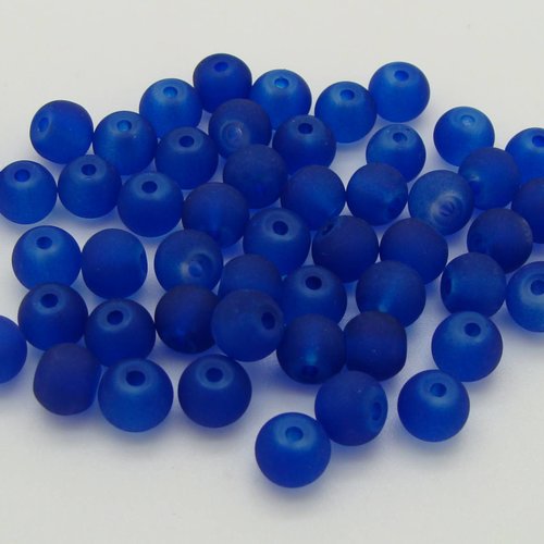 50 perles bleu marine rondes 6mm verre simple aspect givre dépoli