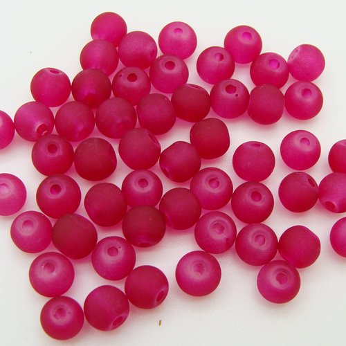 50 perles rose violet rondes 6mm verre simple aspect givre dépoli