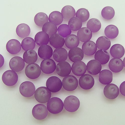 50 perles violet rondes 6mm verre simple aspect givre dépoli