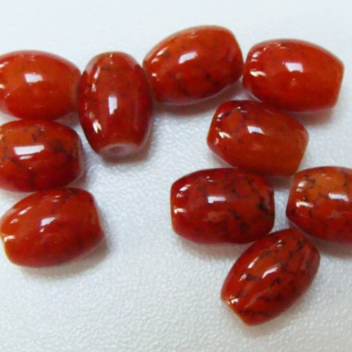 10 perles verre peint ovales 11x8mm rouges création bijoux