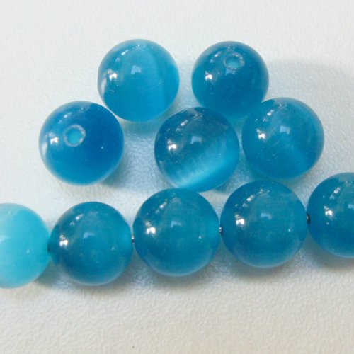 10 perles rondes 10mm bleu azur verre oeil de chat diy création bijoux