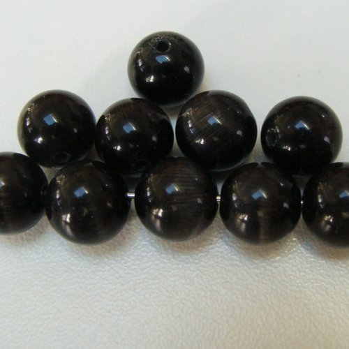 10 perles rondes 10mm noir gris verre oeil de chat diy création bijoux