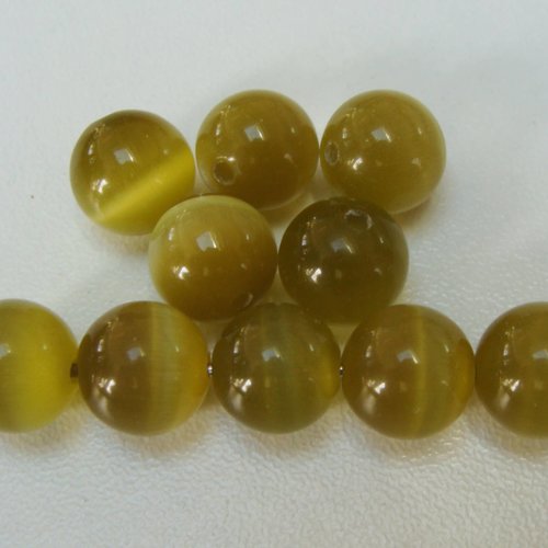 10 perles rondes 10mm vert olive foncé verre oeil de chat diy création bijoux