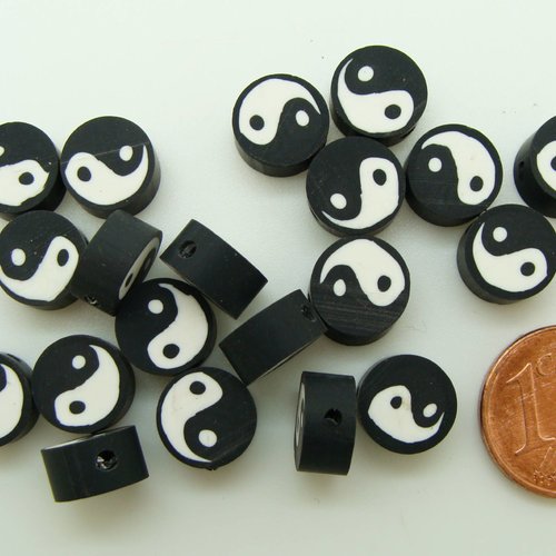 20 perles fimo rondelles 9x5mm yin yang noir et blanc