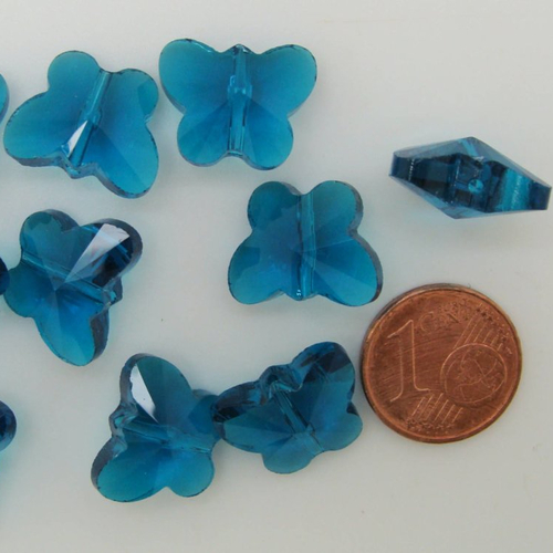 10 perles papillons bleu 14mm verre facette création bijoux déco