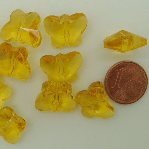 10 perles papillons jaune 14mm verre facette création bijoux déco