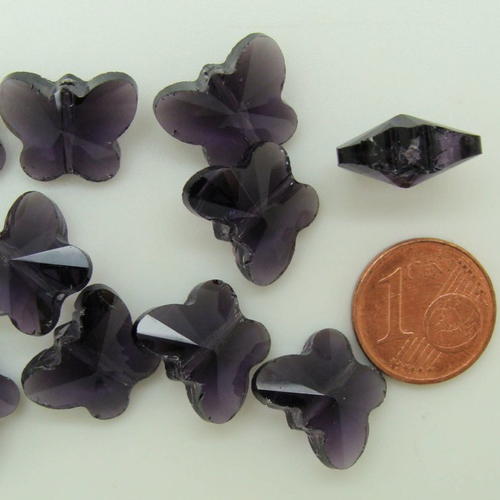 10 perles papillons violets 14mm verre facette création bijoux déco
