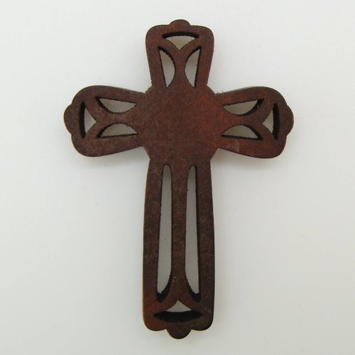 5 pendentifs croix crucifix 46mm bois ajouré marron foncé