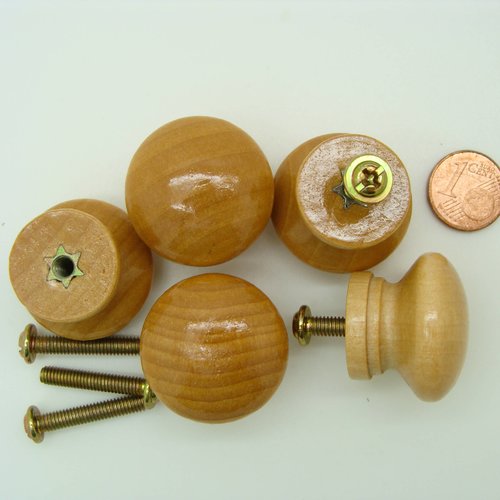 5 poignées bouton en bois vernis 27mm avec vis