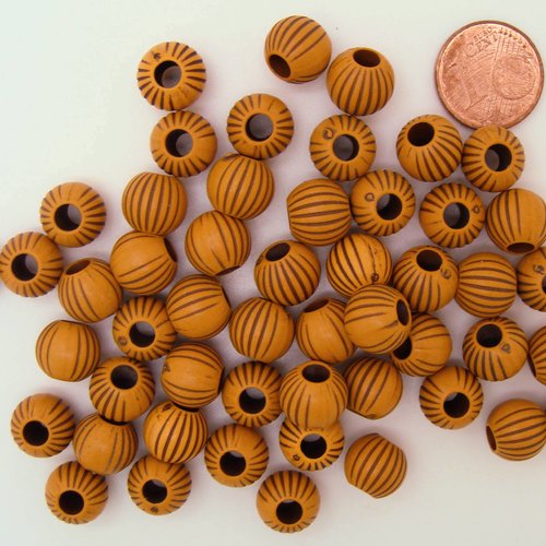 50 perles rondes 9mm acryliques marron motifs stries