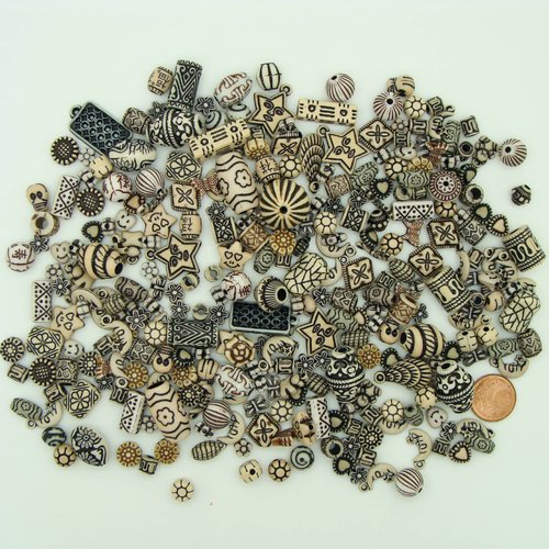 75 grammes perles acryliques crème et gris mix formes et motifs antiques