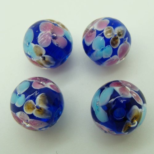 4 perles bleu foncé rondes 12mm fleurs multicolores en verre lampwork