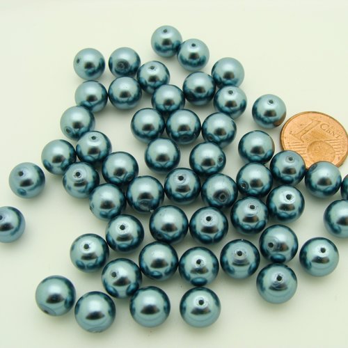 50 perles 8mm verre peint aspect nacré rondes gris bleu fonce
