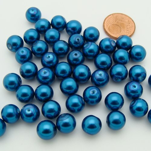 50 perles 8mm verre peint aspect nacré rondes bleu  electrique