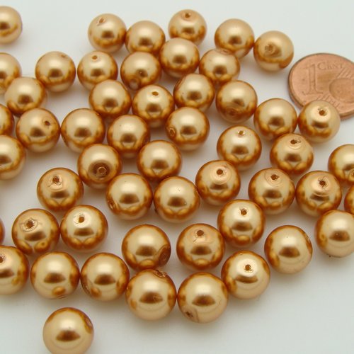 50 perles 8mm verre peint aspect nacré rondes marron doré