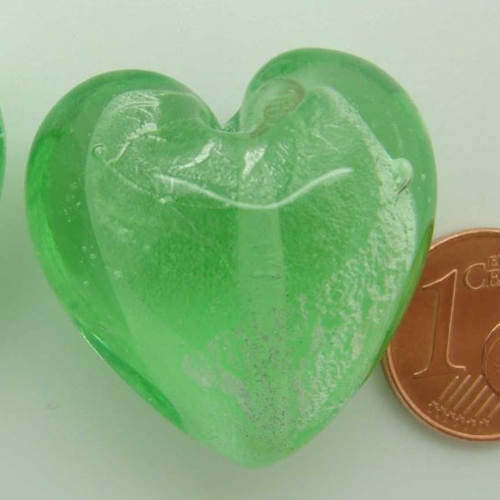 1 perle coeur 28mm vert verre façon murano feuille argentée diy création bijoux