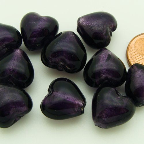 10 perles coeurs 12mm violet foncé verre façon murano feuille argentée diy création bijoux